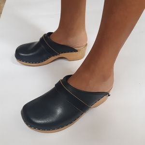 Swedish Navy Blue Wooden Clogs, sz 37